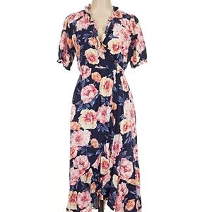 Old Navy Navy Floral Wrap Midi Dress with Pink & Peach Blooms